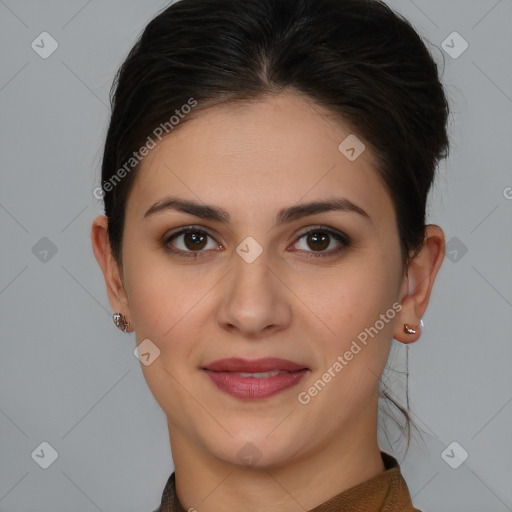 Joyful white young-adult female with medium  brown hair and brown eyes