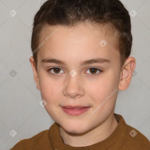 Joyful white child female with short  brown hair and brown eyes