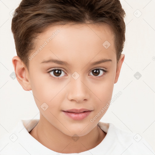 Joyful white child female with short  brown hair and brown eyes