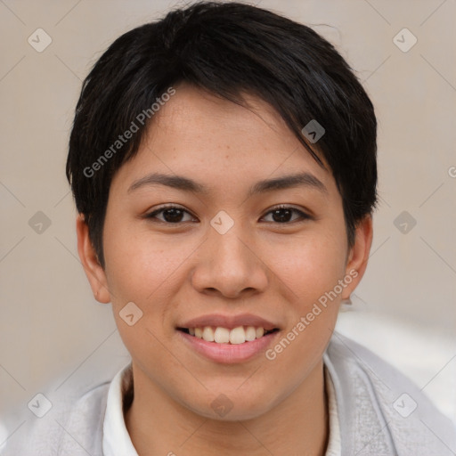 Joyful asian young-adult female with short  brown hair and brown eyes