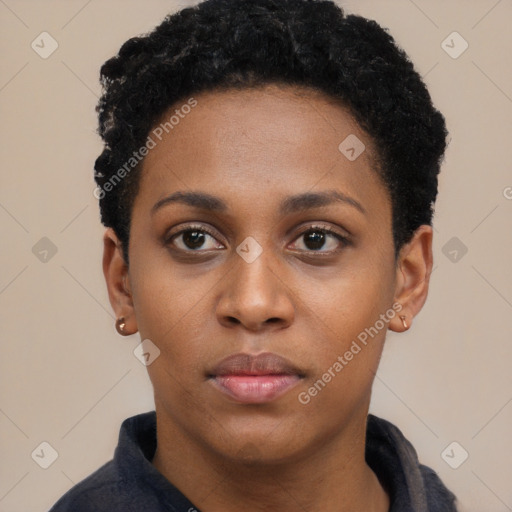 Neutral black young-adult female with short  black hair and brown eyes