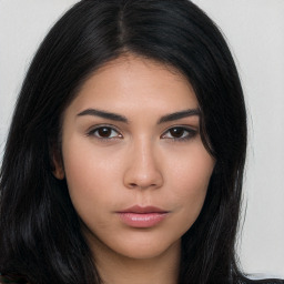 Neutral asian young-adult female with long  brown hair and brown eyes