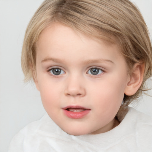 Joyful white child female with medium  brown hair and blue eyes