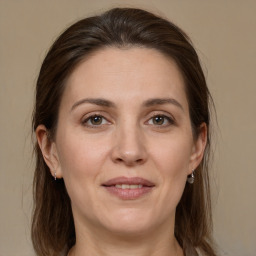 Joyful white adult female with medium  brown hair and grey eyes