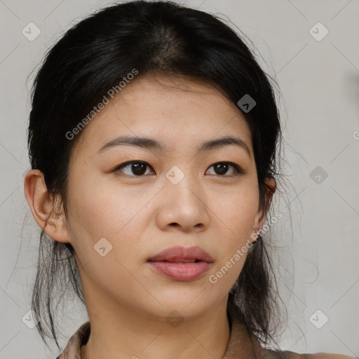 Neutral asian young-adult female with medium  brown hair and brown eyes