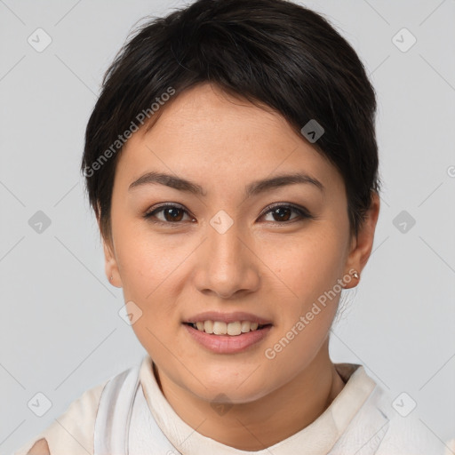 Joyful white young-adult female with short  brown hair and brown eyes