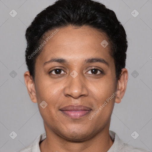 Joyful latino young-adult female with short  brown hair and brown eyes