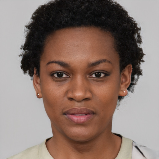 Neutral black young-adult female with short  black hair and brown eyes