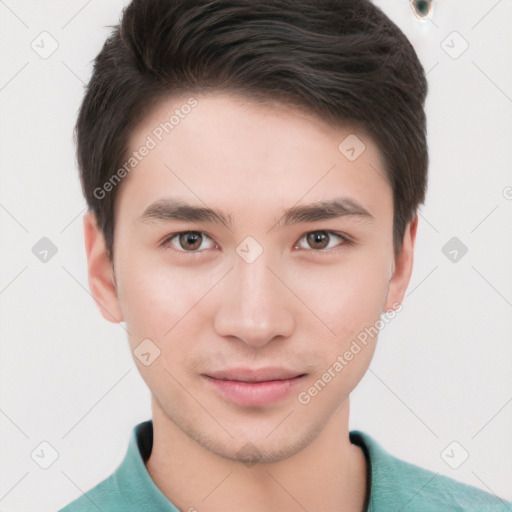 Neutral white young-adult male with short  brown hair and brown eyes