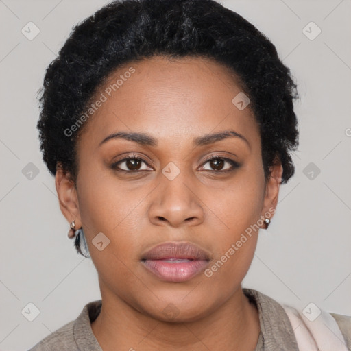 Neutral black young-adult female with short  black hair and brown eyes