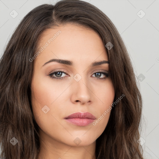 Neutral white young-adult female with long  brown hair and brown eyes