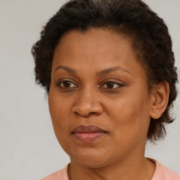 Joyful black adult female with short  brown hair and brown eyes