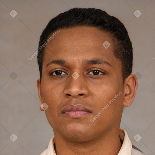 Neutral latino young-adult male with short  black hair and brown eyes