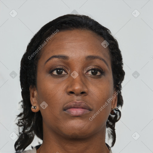 Neutral black adult female with medium  brown hair and brown eyes