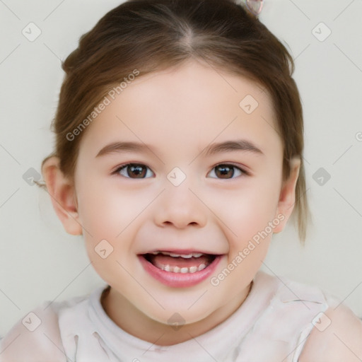 Joyful white child female with short  brown hair and brown eyes