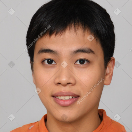 Joyful asian young-adult male with short  black hair and brown eyes