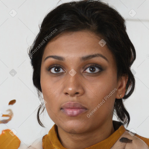 Neutral white young-adult female with medium  brown hair and brown eyes