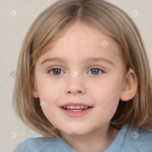 Joyful white child female with medium  brown hair and grey eyes