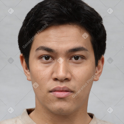Neutral latino young-adult male with short  black hair and brown eyes