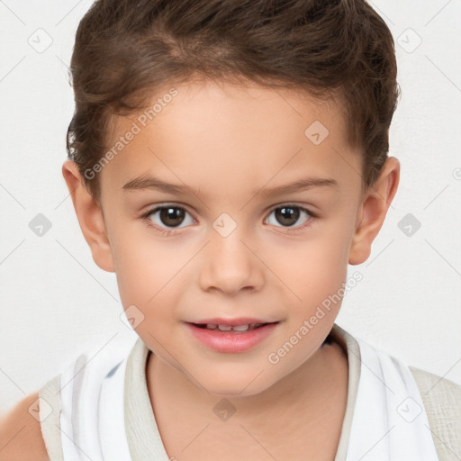 Joyful white child female with short  brown hair and brown eyes