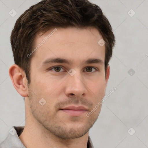 Neutral white young-adult male with short  brown hair and grey eyes