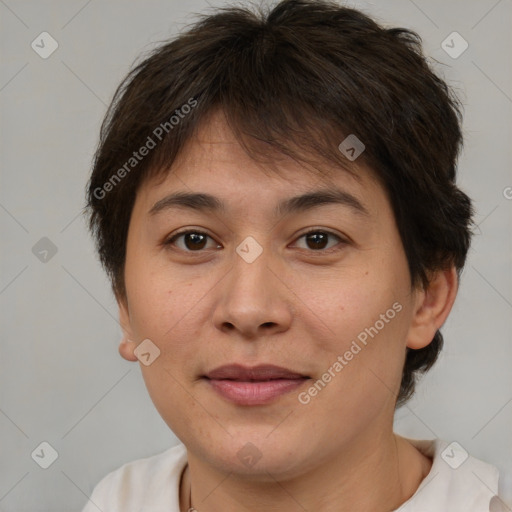 Joyful white adult female with short  brown hair and brown eyes