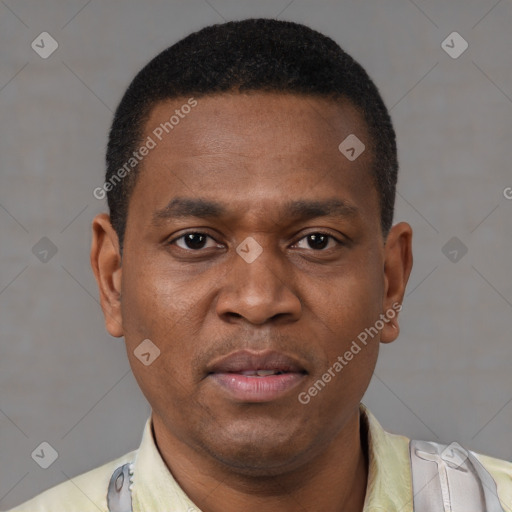 Joyful latino young-adult male with short  brown hair and brown eyes