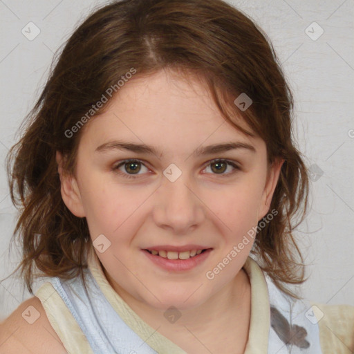 Joyful white child female with medium  brown hair and brown eyes