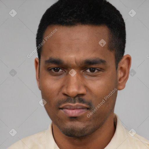 Neutral latino young-adult male with short  black hair and brown eyes