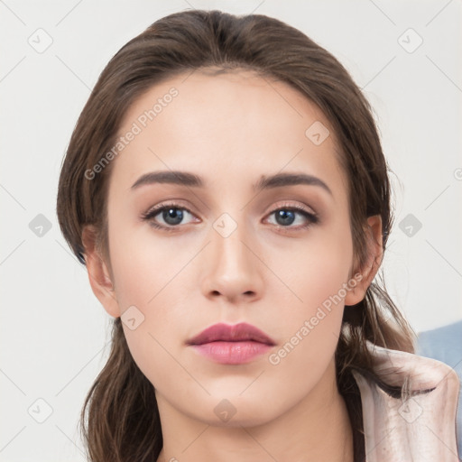 Neutral white young-adult female with long  brown hair and grey eyes