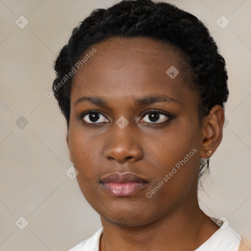 Neutral black young-adult female with short  black hair and brown eyes