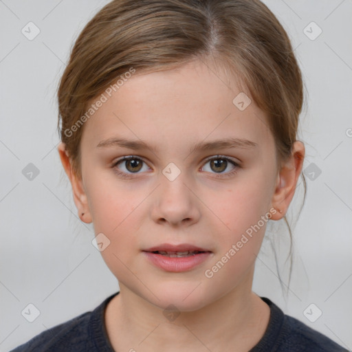 Joyful white child female with medium  brown hair and brown eyes