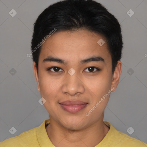 Joyful asian young-adult male with short  black hair and brown eyes