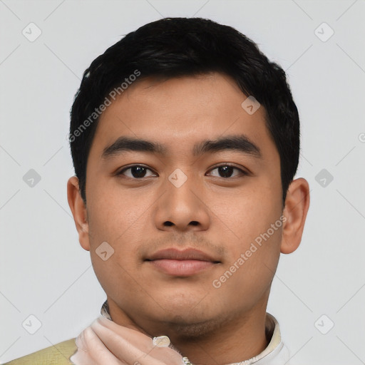 Neutral asian young-adult male with short  black hair and brown eyes