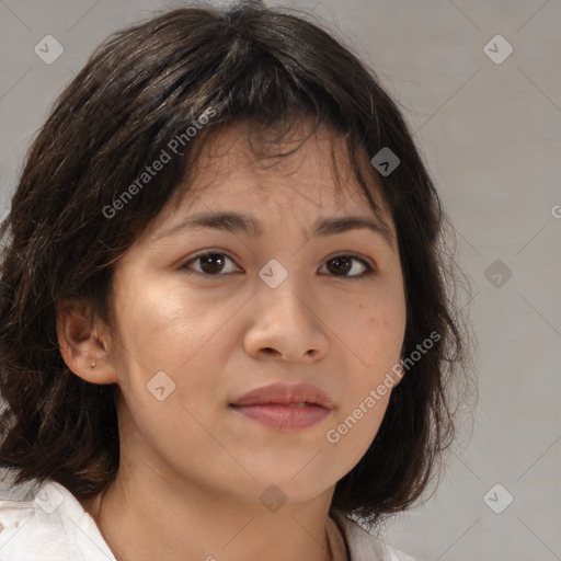 Neutral white young-adult female with medium  brown hair and brown eyes