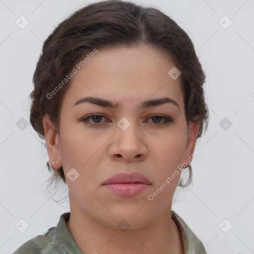 Neutral white young-adult female with short  brown hair and brown eyes