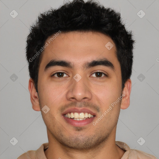 Joyful latino young-adult male with short  black hair and brown eyes