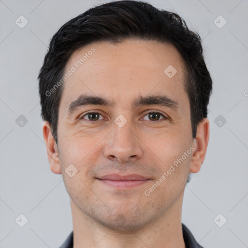 Joyful white young-adult male with short  brown hair and brown eyes