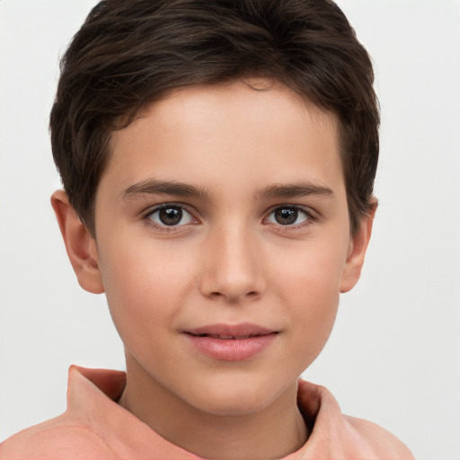 Joyful white child female with short  brown hair and brown eyes