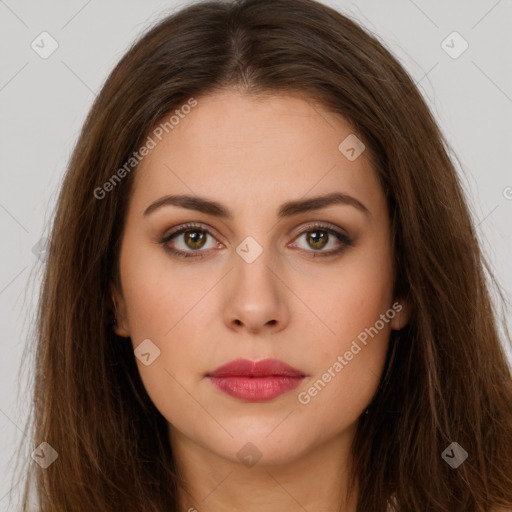 Neutral white young-adult female with long  brown hair and brown eyes