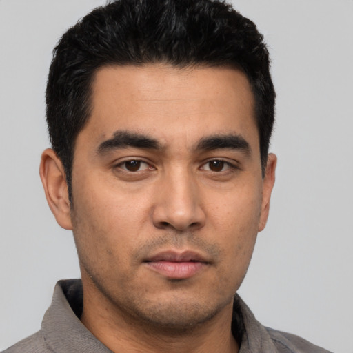 Neutral asian young-adult male with short  black hair and brown eyes