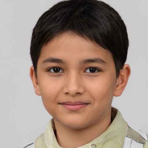 Joyful asian child male with short  brown hair and brown eyes