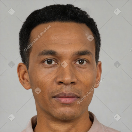 Neutral black young-adult male with short  black hair and brown eyes