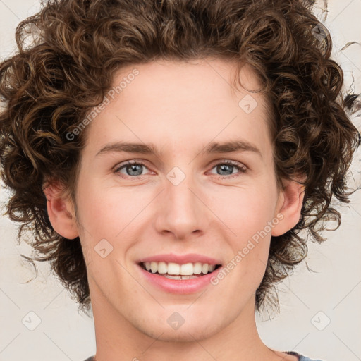 Joyful white young-adult female with medium  brown hair and green eyes