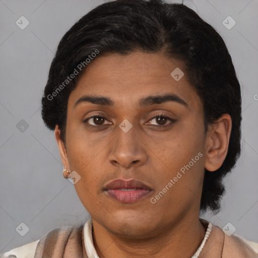 Neutral latino young-adult female with short  brown hair and brown eyes