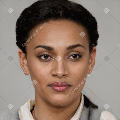 Joyful latino young-adult female with short  brown hair and brown eyes