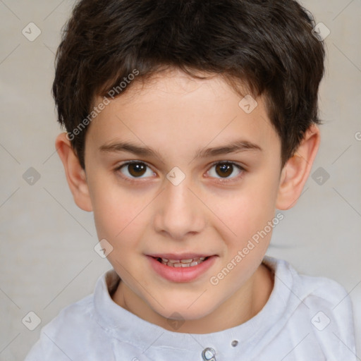 Joyful white child male with short  brown hair and brown eyes