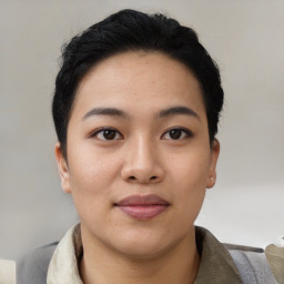 Neutral asian young-adult female with short  black hair and brown eyes