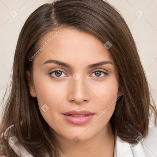 Neutral white young-adult female with long  brown hair and brown eyes