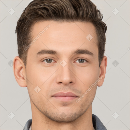 Neutral white young-adult male with short  brown hair and brown eyes